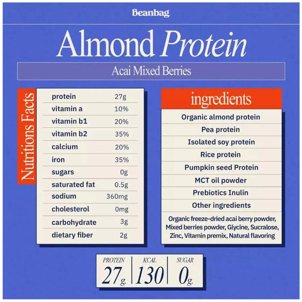 Beanbag Almond Protein Powder Acai Mixed Berries Plant Based High Protein Superfood Drink
