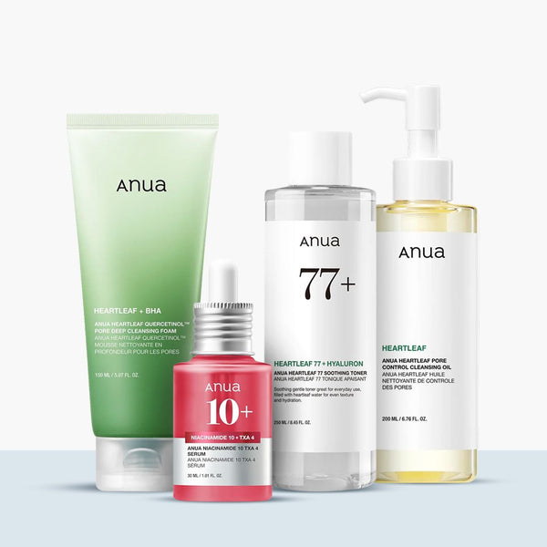 مجموعة Anua Glass Skin الأساسية، روتينك المكون من 4 خطوات لبشرة متألقة وخالية من المسام | مجموعة كاملة الحجم