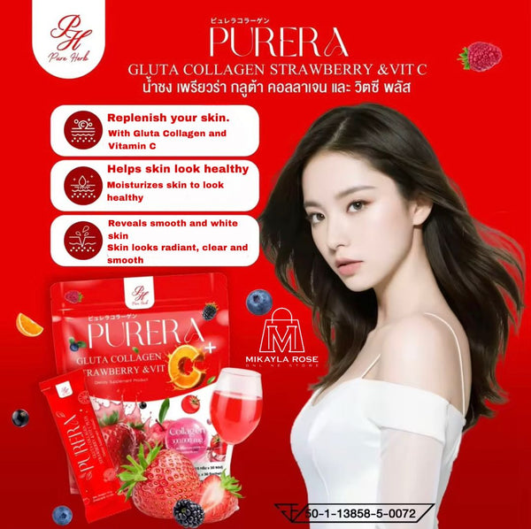 Purera Gluta Collagen Strawberry & Vit C Skin Glutathione Supplement Thailand